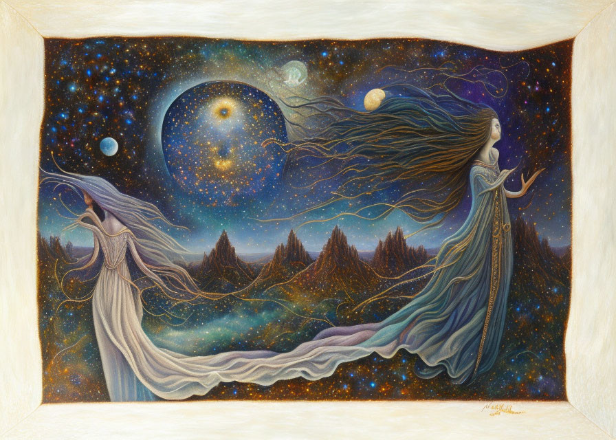 Surreal painting of celestial woman in starry sky with planets and pine trees
