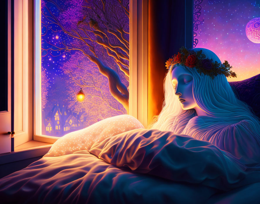 Colorful Artwork: Woman Sleeping with Flower Crown by Window