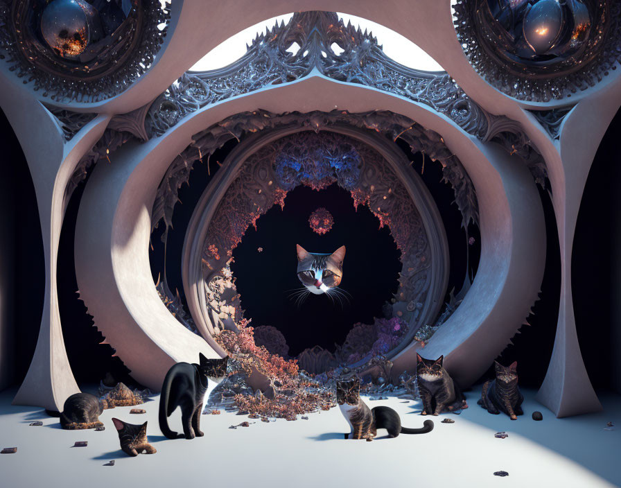 Cats around circular portal to cosmic landscape with bone-like structures