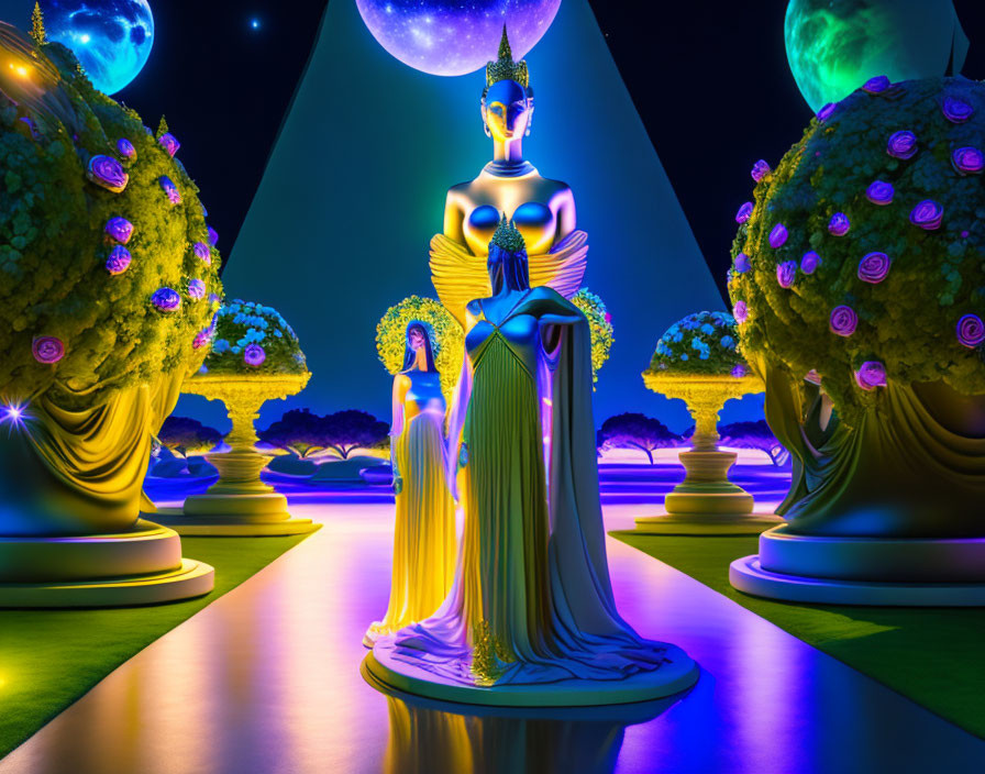 Three glowing statuesque figures in ethereal garden with ambient lights and topiary spheres under starry
