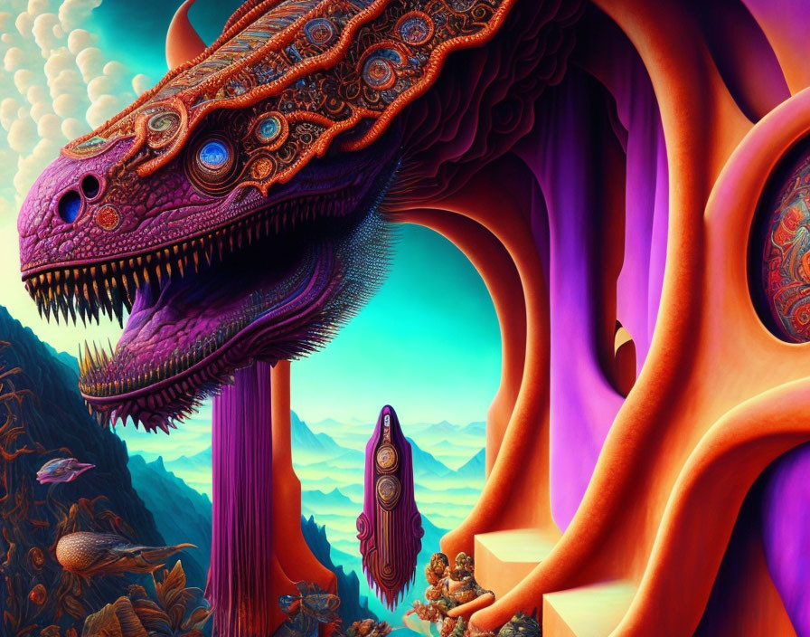 Vibrantly colored surreal landscape with dragon-like creature and whimsical elements