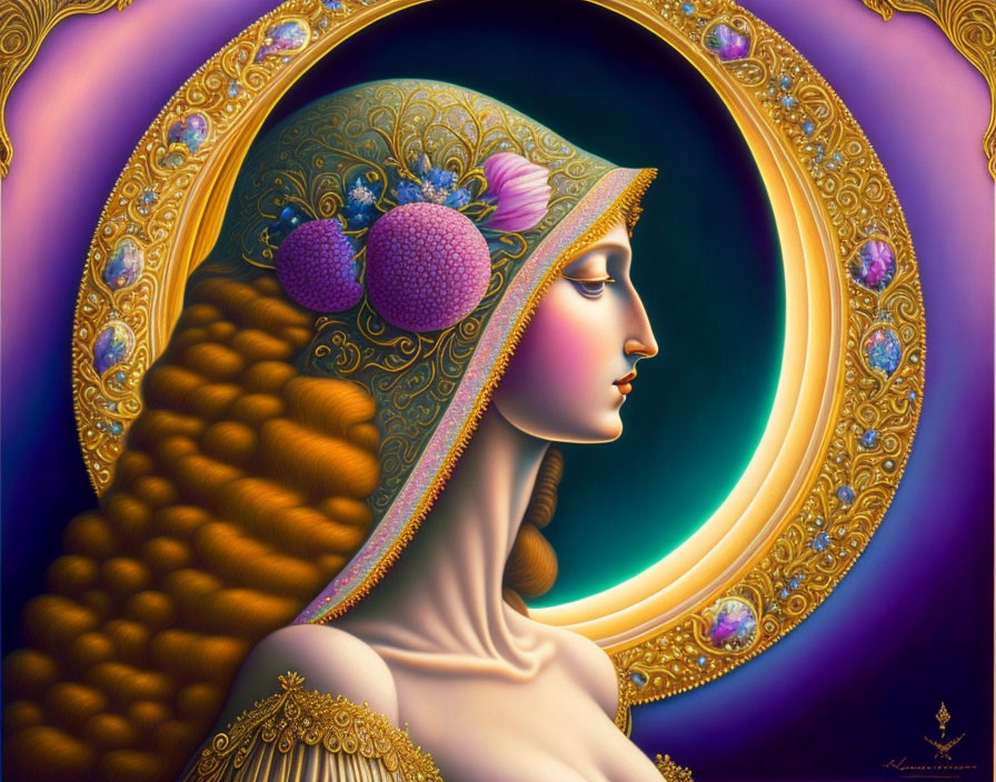 Stylized portrait of a woman with ornate headdress in vibrant purple, gold, and blue