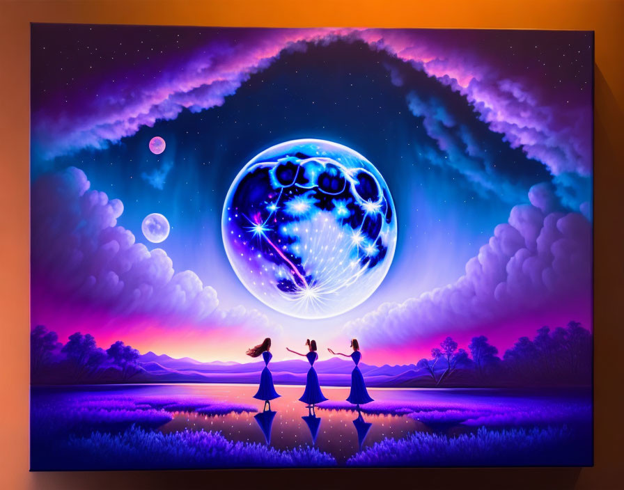 Colorful painting of silhouetted figures dancing by water under intricate moon and star-filled sky.