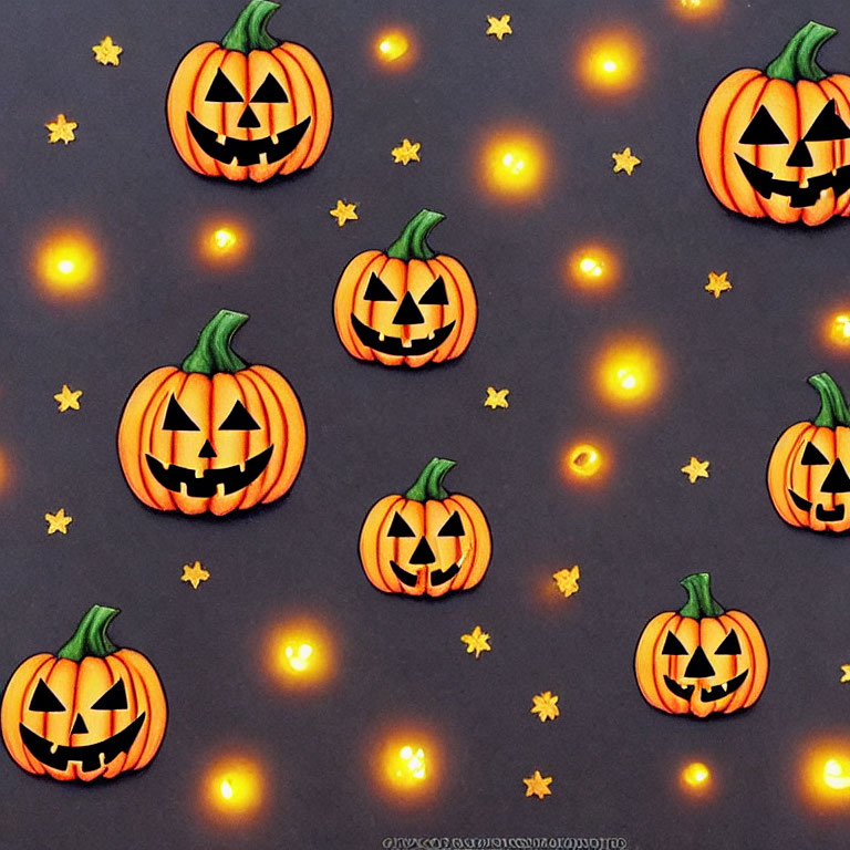 Patterned Halloween background with glowing jack-o'-lanterns and yellow stars on dark surface