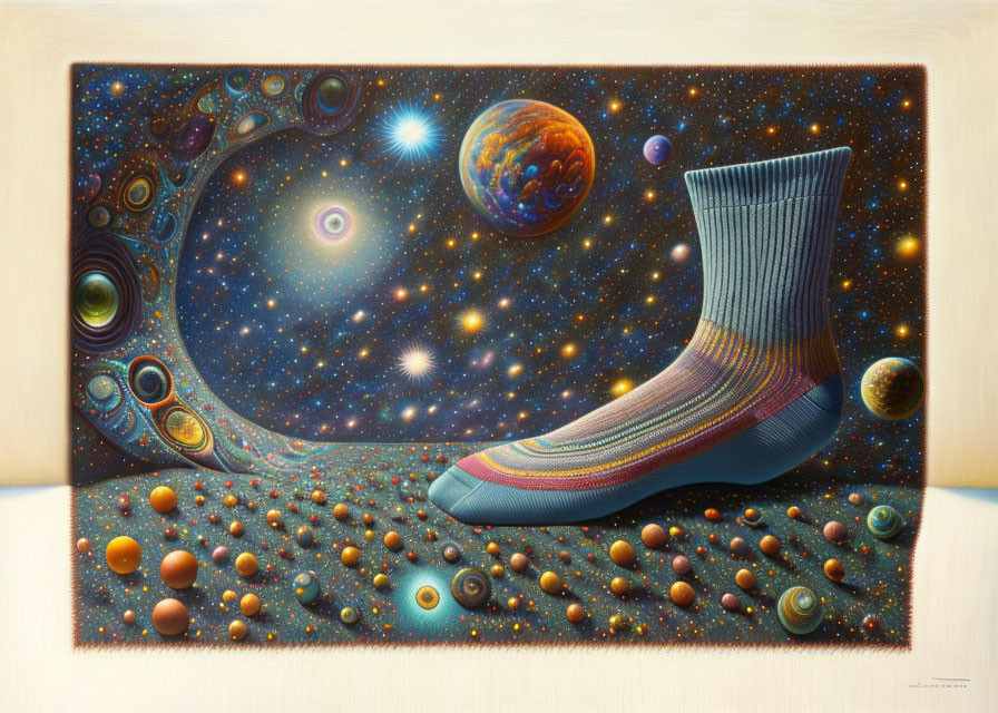 Surreal painting: sock-clad foot in space-themed landscape