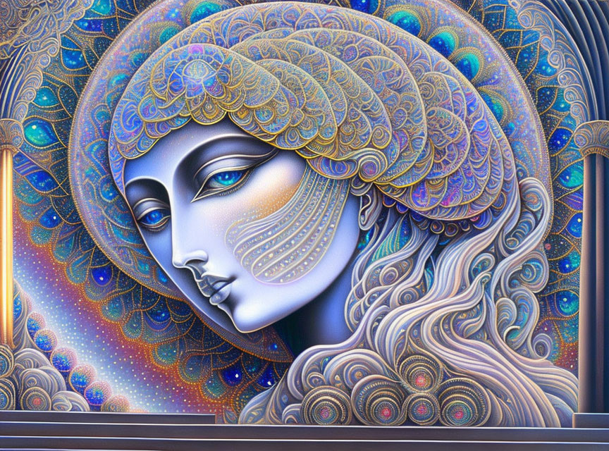 Stylized digital artwork of a woman with cosmic motifs and intricate patterns