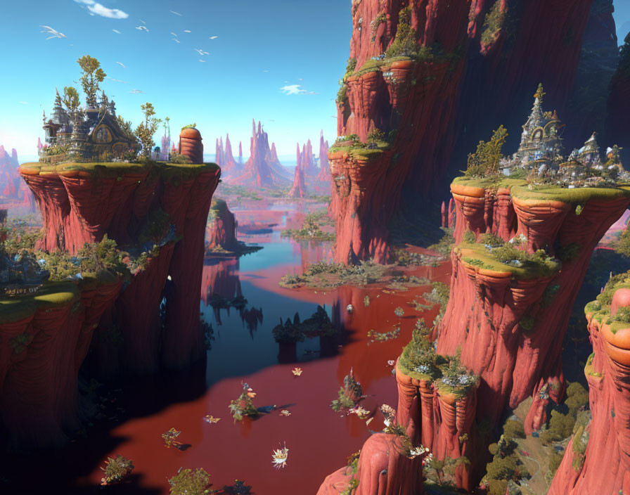 Majestic red cliffs, lush plateaus, serene river, and ornate structures in a fantast