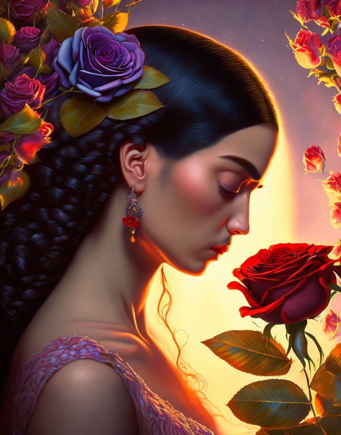 Portrait of Woman with Braided Hairstyle and Flowers Holding Rose in Twilight Scene