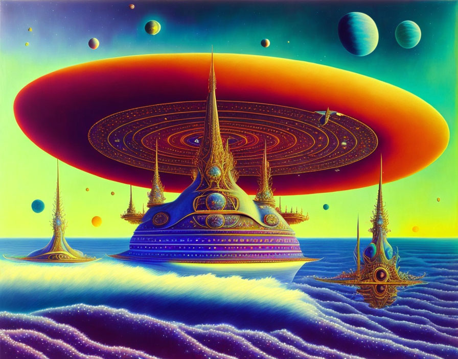 Colorful alien landscape with ornate flying saucer, spires, and moons in starry sky