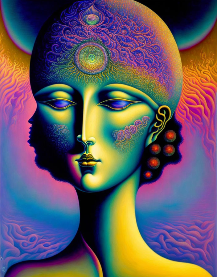 Psychedelic portrait with two faces, shared eye, and third eye detail.