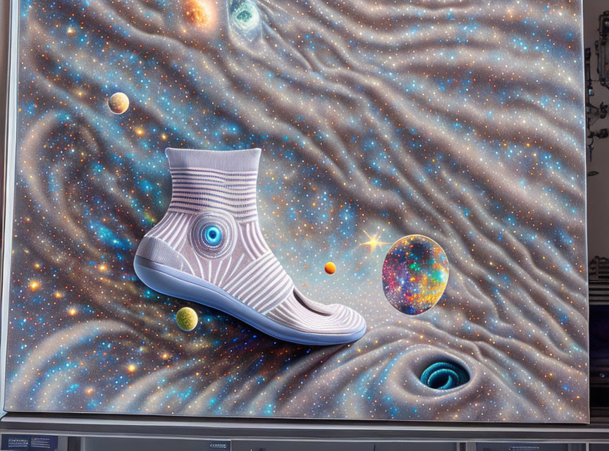 Surreal sock with eye pattern in cosmic background