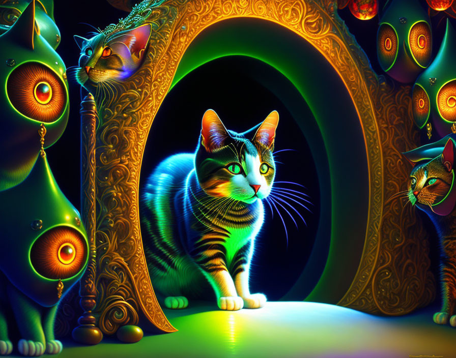 Colorful Cats Surrounding Glowing Archway