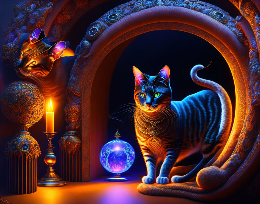 Mystic cats with glowing eyes, candle, crystal ball, ornate patterns