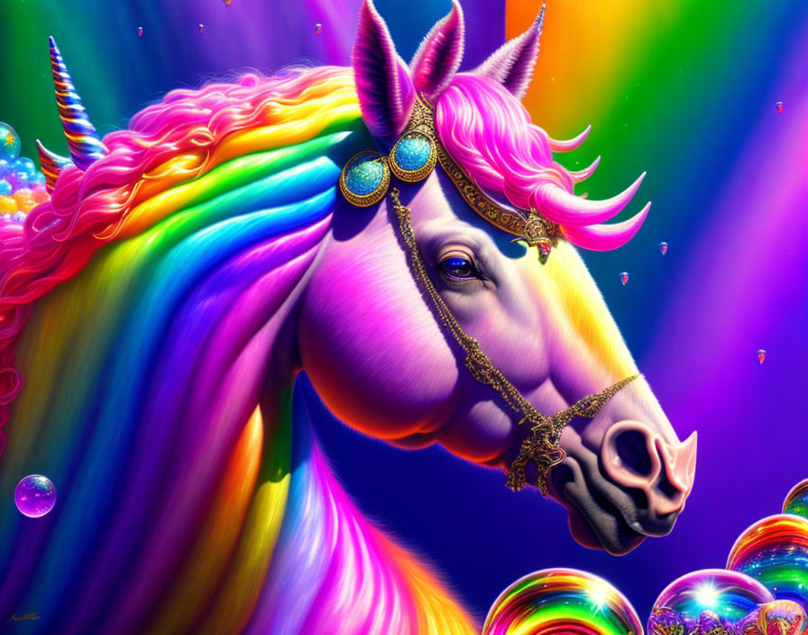 Colorful Unicorn with Rainbow Mane and Psychedelic Background