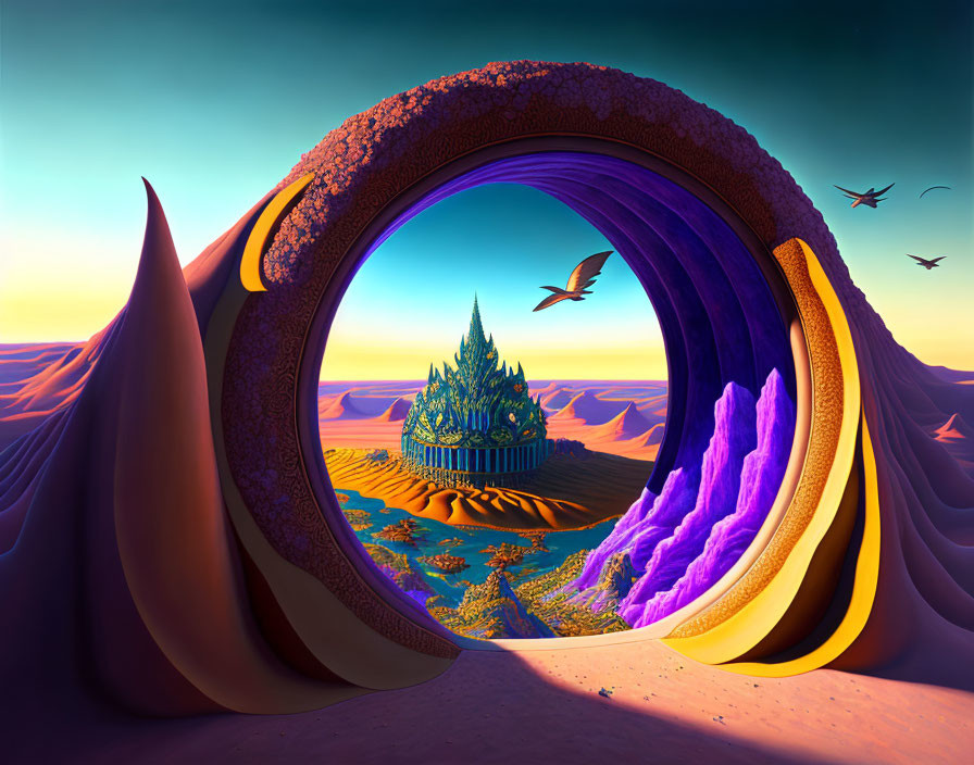 Surreal landscape with circular portal, colorful hills, crystal structure, birds, sunset sky