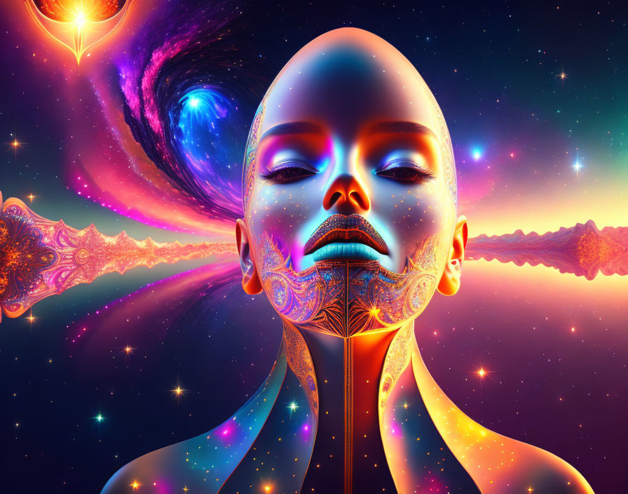 Colorful digital artwork: Bald humanoid with intricate patterns on skin in cosmic setting.