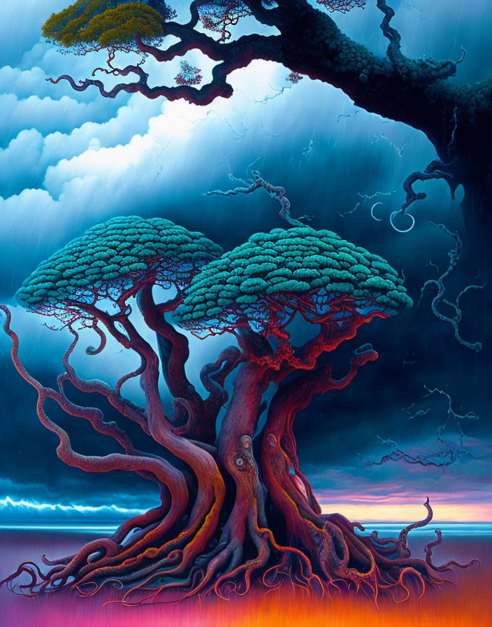 Surreal painting: Twisted tree with red roots, blue foliage, stormy sky by the