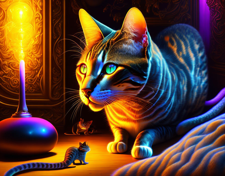 Colorful Digital Artwork: Cat and Mouse by Candlelight
