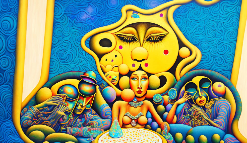 Abstract Psychedelic Digital Art: Vibrant Human-like Figures in Blue and Yellow