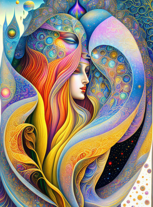 Colorful surreal artwork: Woman with flowing hair in cosmic design palette