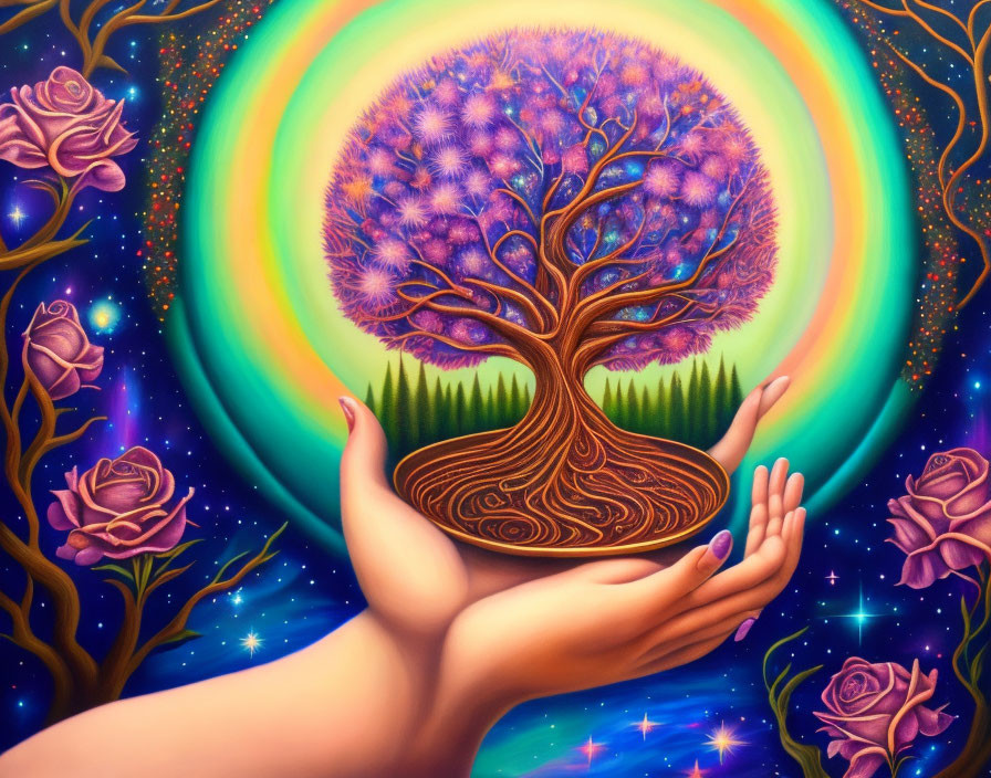 Colorful Artwork of Hands Cradling Tree with Purple Foliage