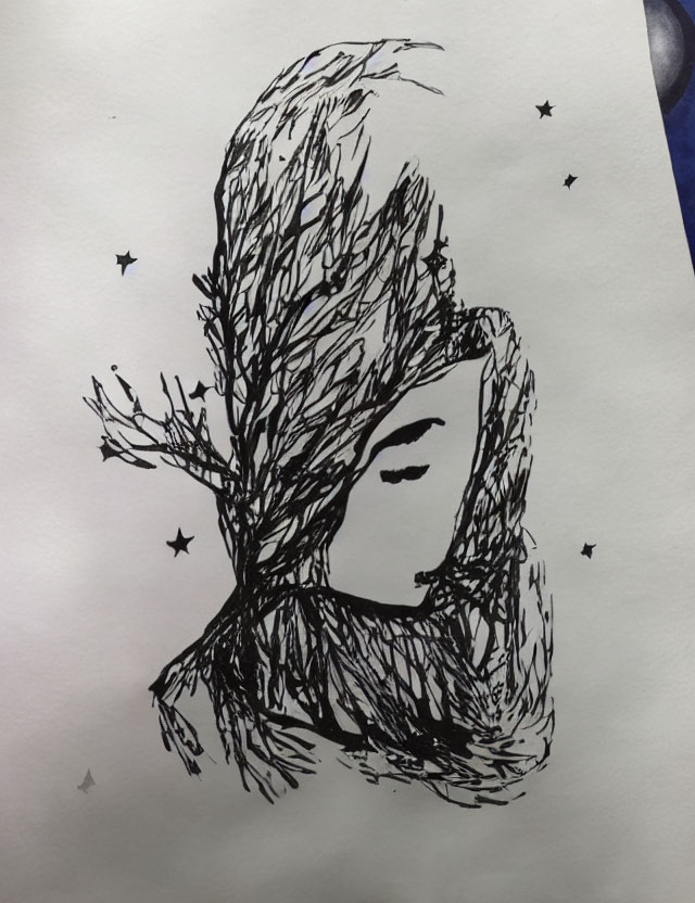 Sketched profile merged with tree branches on starry background