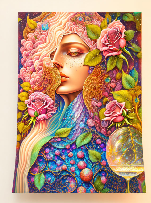 Artistic portrayal of woman with golden hair and floral cosmic motifs.