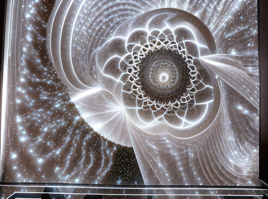 Ceiling projection of cosmic patterns and fractals with central chandelier