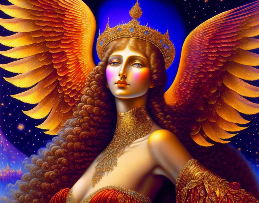 Regal figure with golden wings and elaborate headgear in mystical setting