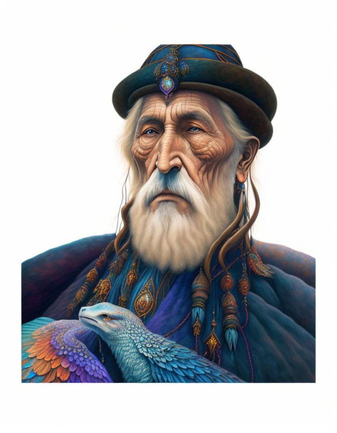 Illustration of elderly man in blue coat with white beard and bird on shoulder