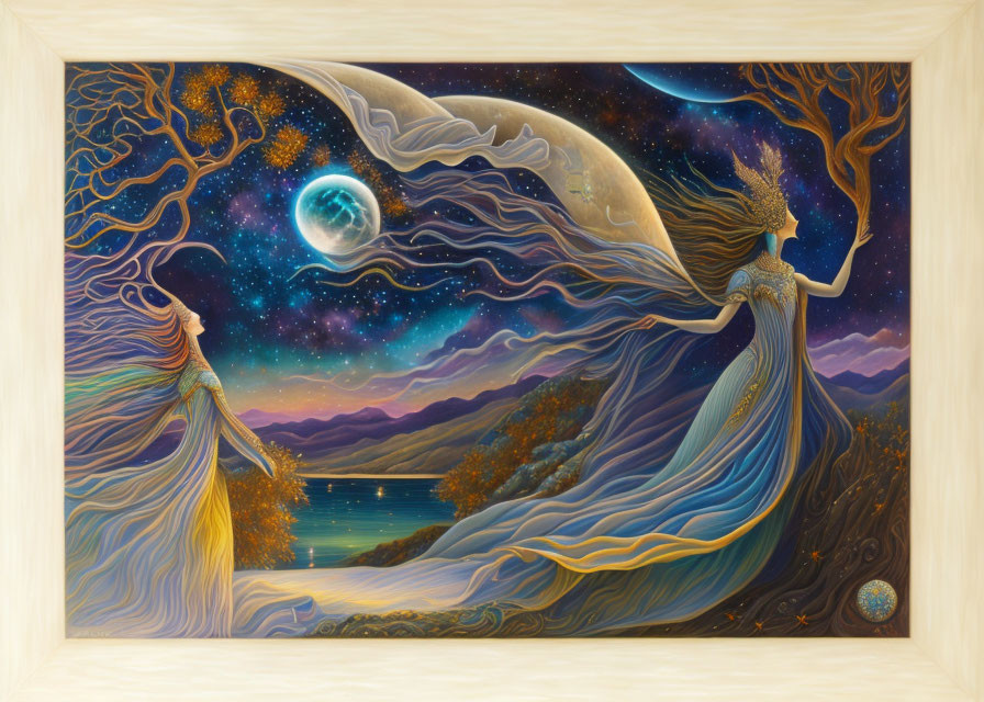Whimsical painting of woman with tree-like crown and lunar figure in colorful landscape