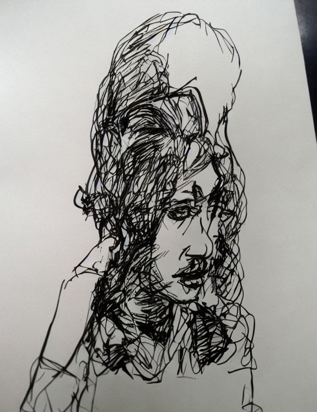 Detailed black ink sketch of woman with expressive face and voluminous hair