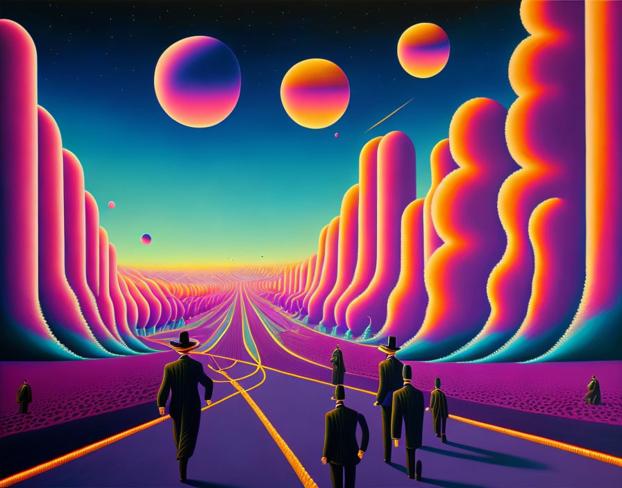 Surrealist landscape with stylized figures, undulating hills, and floating spheres