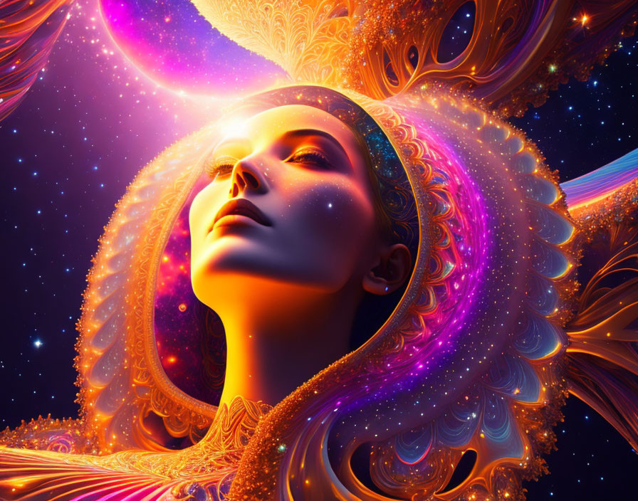 Colorful cosmic digital artwork of a woman with fractal elements in orange and blue hues