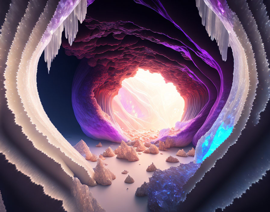 Digital artwork of a cave with icy stalactites and glowing central crystalline structure
