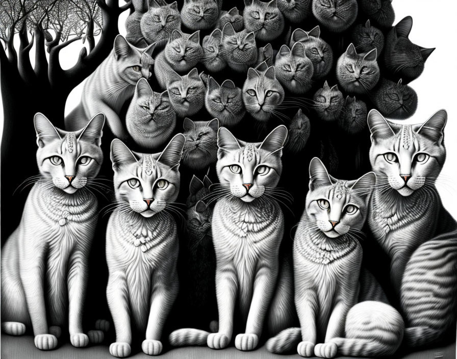 A hundred cats hanging off of a tree looking like 