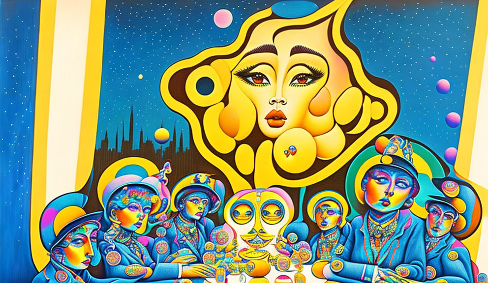 Colorful psychedelic artwork featuring large female face in sky with otherworldly figures and bubbles on blue and