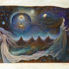 Fantasy artwork of female figure in flowing robes under starry night sky.