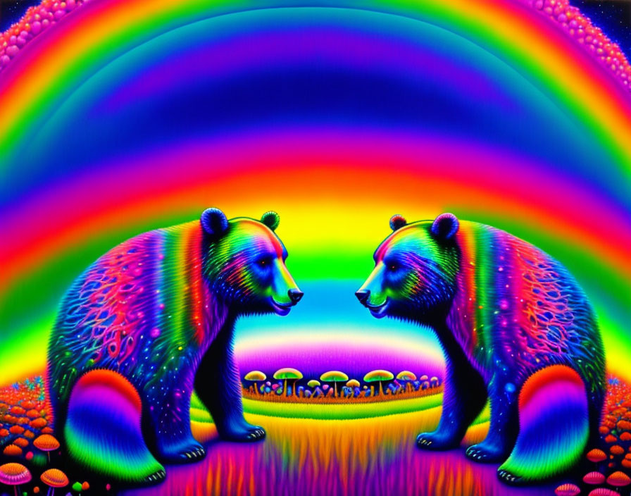 Vibrantly colored psychedelic bears with rainbow and trippy landscape
