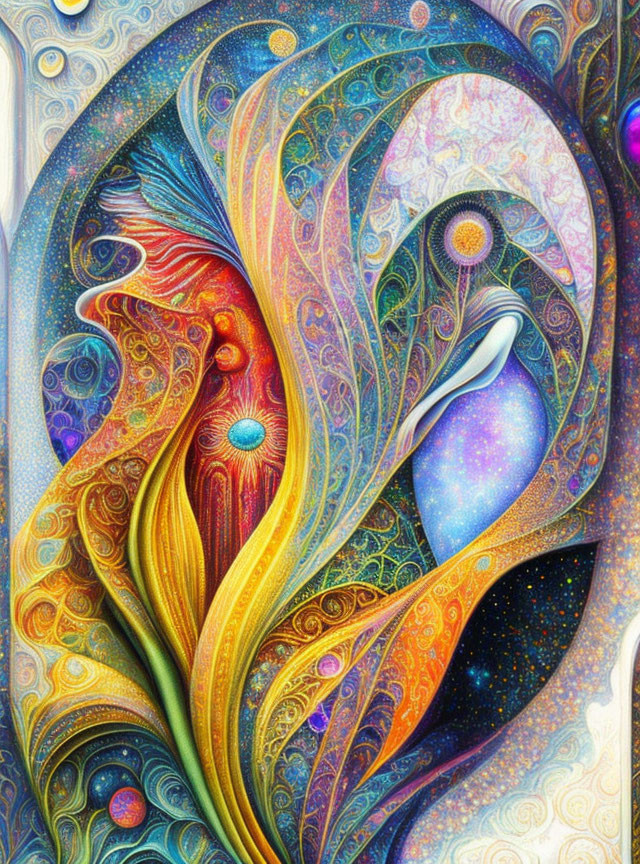 Colorful Abstract Artwork with Swirling Patterns and Cosmic Motifs