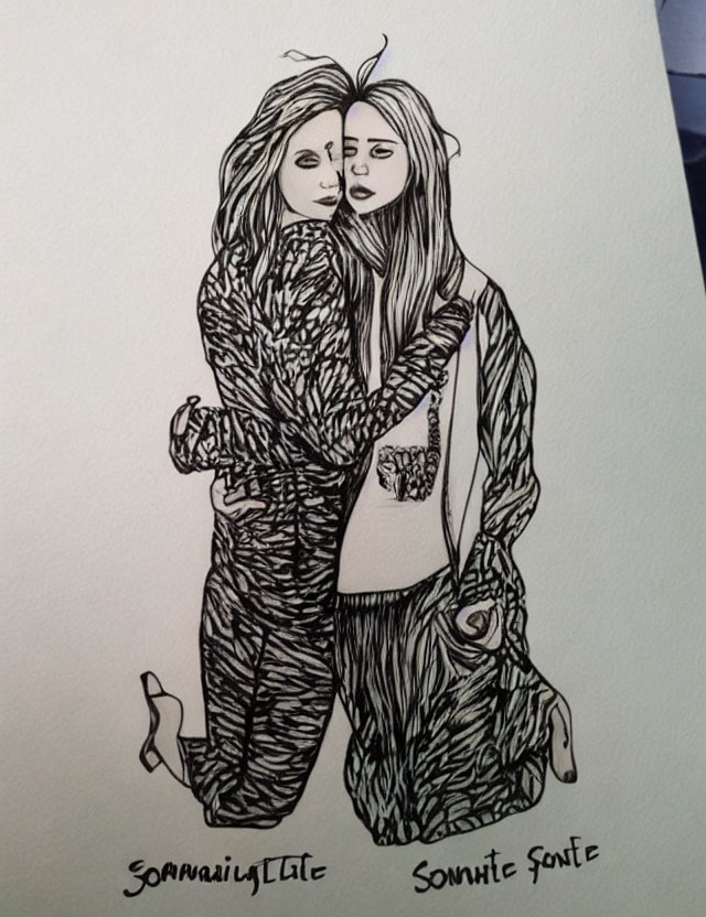 Sketched female figures embracing with detailed hair and clothing by Sonnwie Sonne