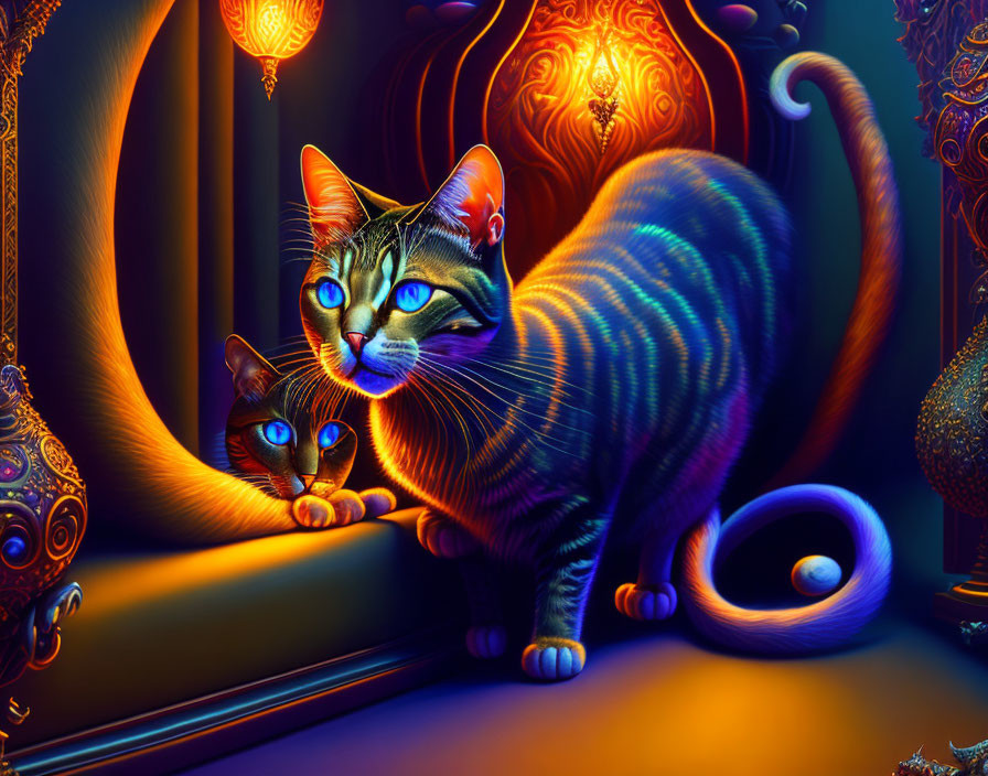 Colorful digital artwork featuring luminous cats and intricate lanterns