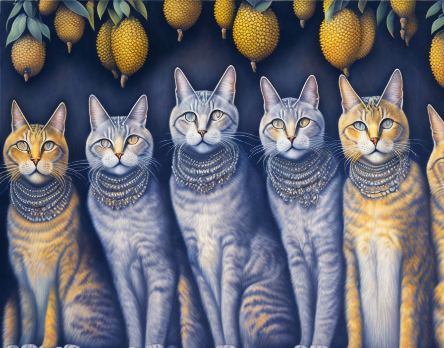 Regal cats with ornate necklaces and lemons on dark background