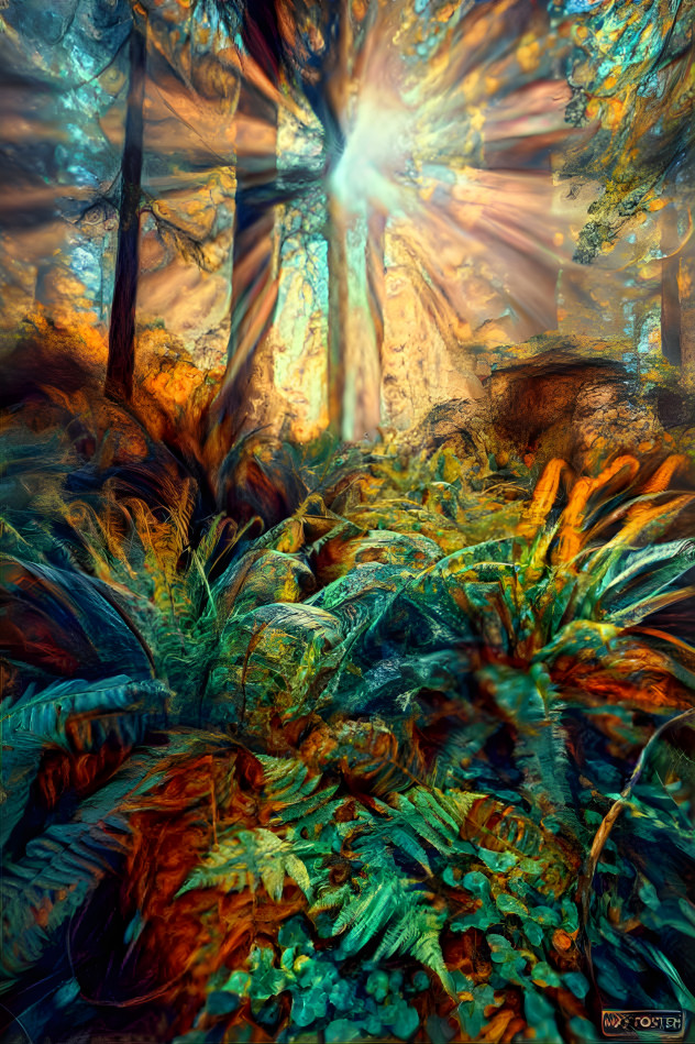 Trippy fantasy tree forest and ferns