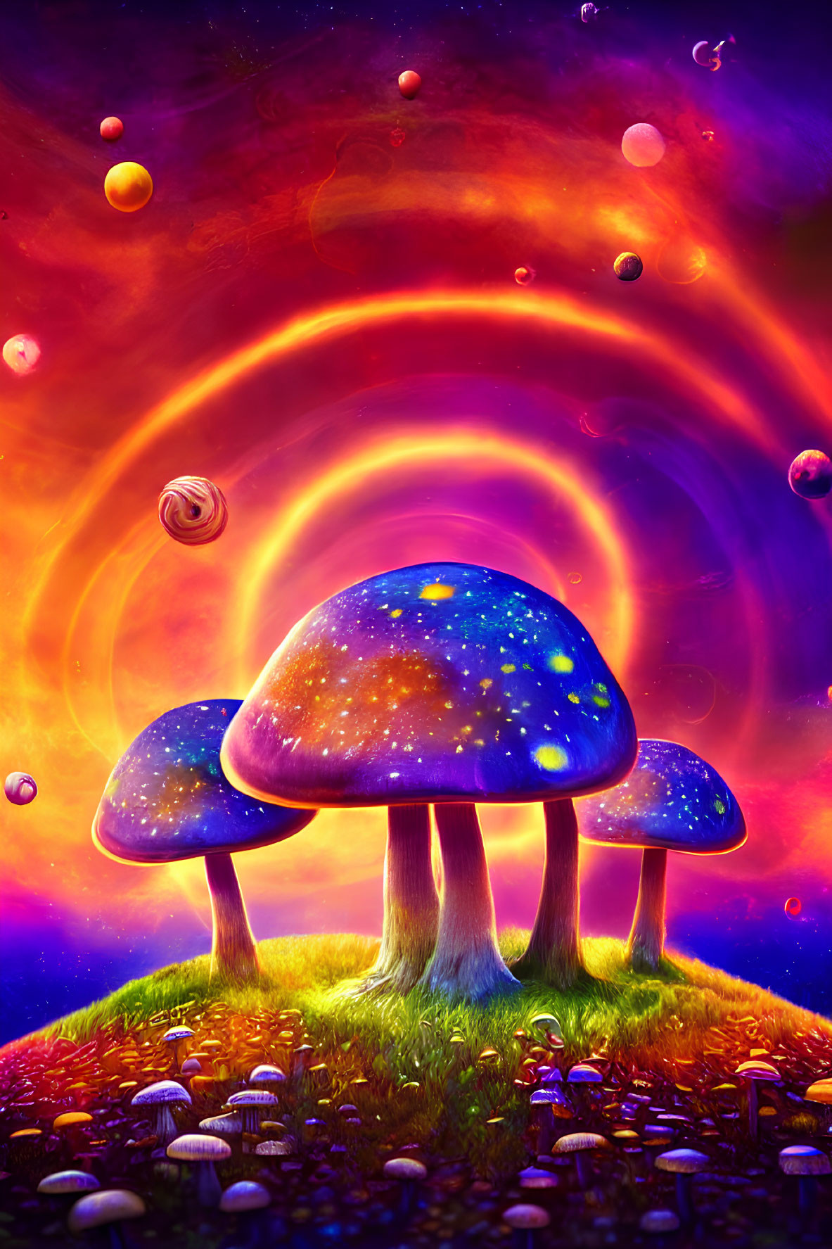 Colorful cosmic-themed mushroom digital artwork on grassy knoll under swirling galaxy sky.