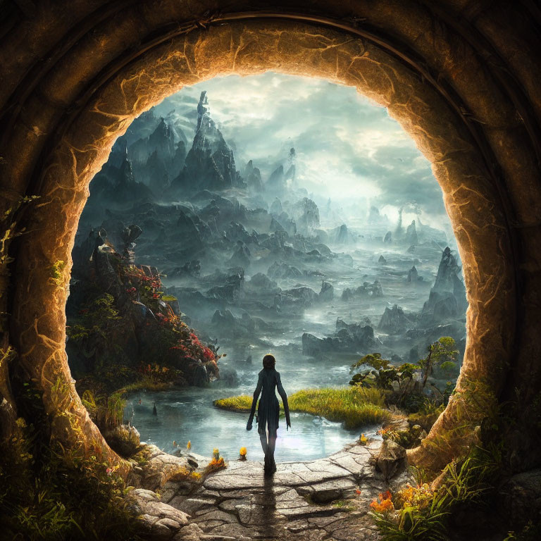 Person at Cave Entrance Observing Mystical Landscape