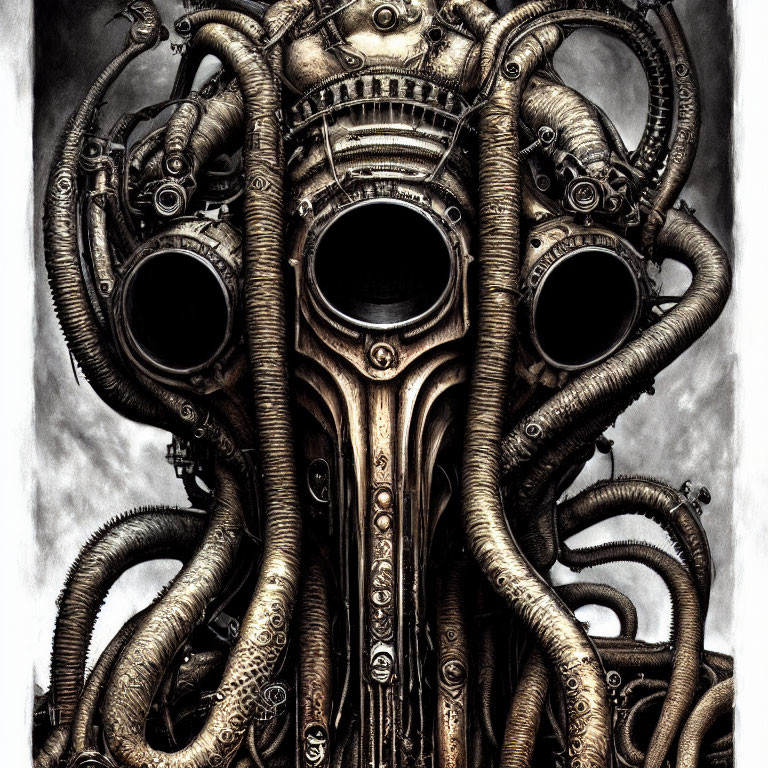 Intricate Steampunk-Style Mask with Metallic Tubing, Gears, Tentacle-L