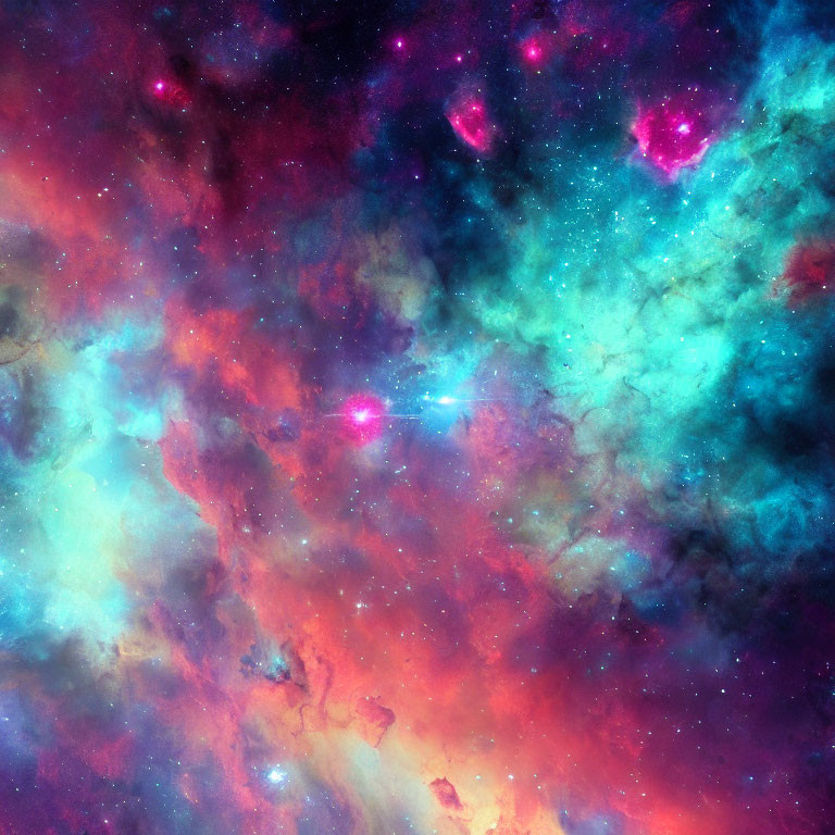 Colorful cosmic cloud with blue, pink, and orange swirls and stars - a deep space neb