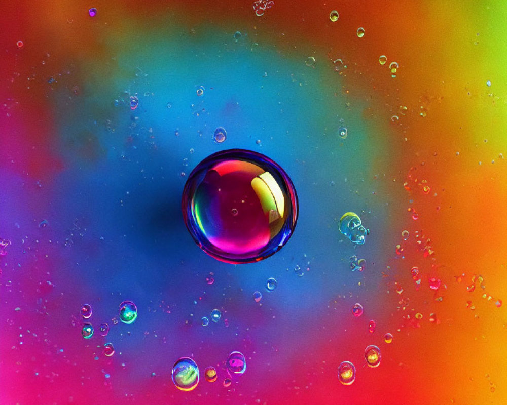 Colorful Water Droplets on Reflective Surface with Bubble