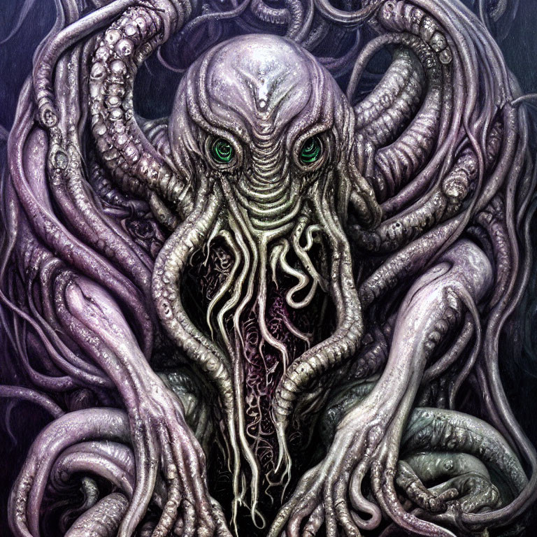 Detailed Octopus-Like Creature Illustration with Green Eyes and Tentacles